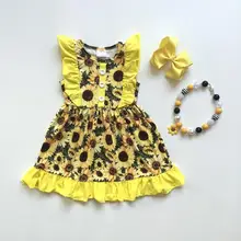 Новинка; детская одежда для маленьких девочек; хлопковое желтое платье с рюшами и подсолнухами; изысканное летнее платье до колена с цветочным рисунком; подходящие аксессуары