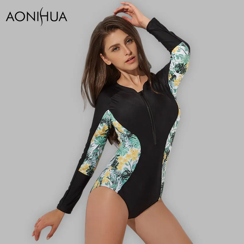 Aonihua 2018 Спорт с длинным рукавом Сёрфинг Одна деталь купальники Для женщин высокое