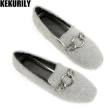 Женская обувь, норковые кашемировые легкие туфли типа мокасин на плоской подошве с квадратным носком, обувь с металлическим украшением, слипоны, большие размеры, черный, винно-красный, серый