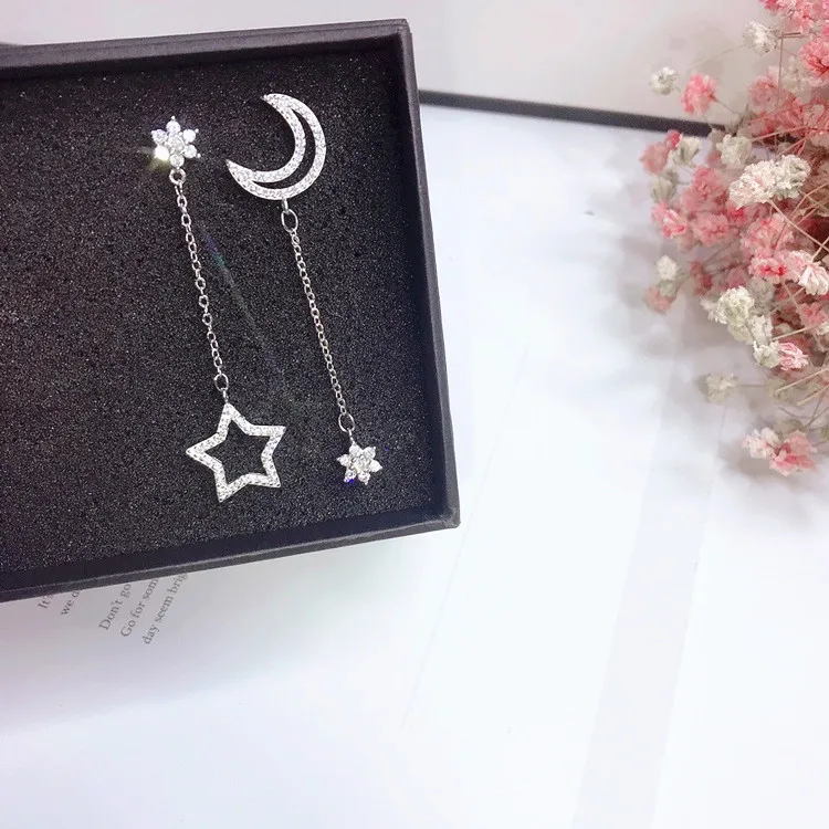 moon star mini cz asymmetric earrings silver stud fadeless alloy fashion jewelry Hypoallergenic stud earrings for women gift