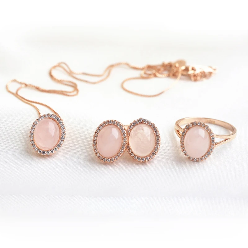 

Ociki Rose Gold Color Pink Opal CZ Crystal Necklace Earrings and Ring Jewelry Set for Women Girls Gift Drop Shipping Wholesale