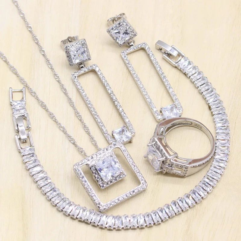 

Trendy Rectangle White Cubic Zirconia 925 Sterling Silver Jewelry Sets For Women Earrings/Pendant/Necklace/Bracelet