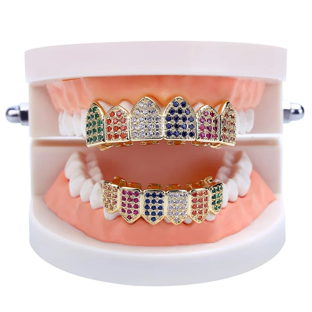 TOPGRILLZ золото/серебро Цвет Grillz многоцветный микро Pave CZ Bling кубический цирконий верх и низ зубы Grillzs хип хоп грили