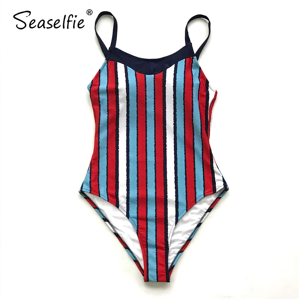 Seasuelfie синий и красный полосатый Цельный купальник женский тонкий Монокини