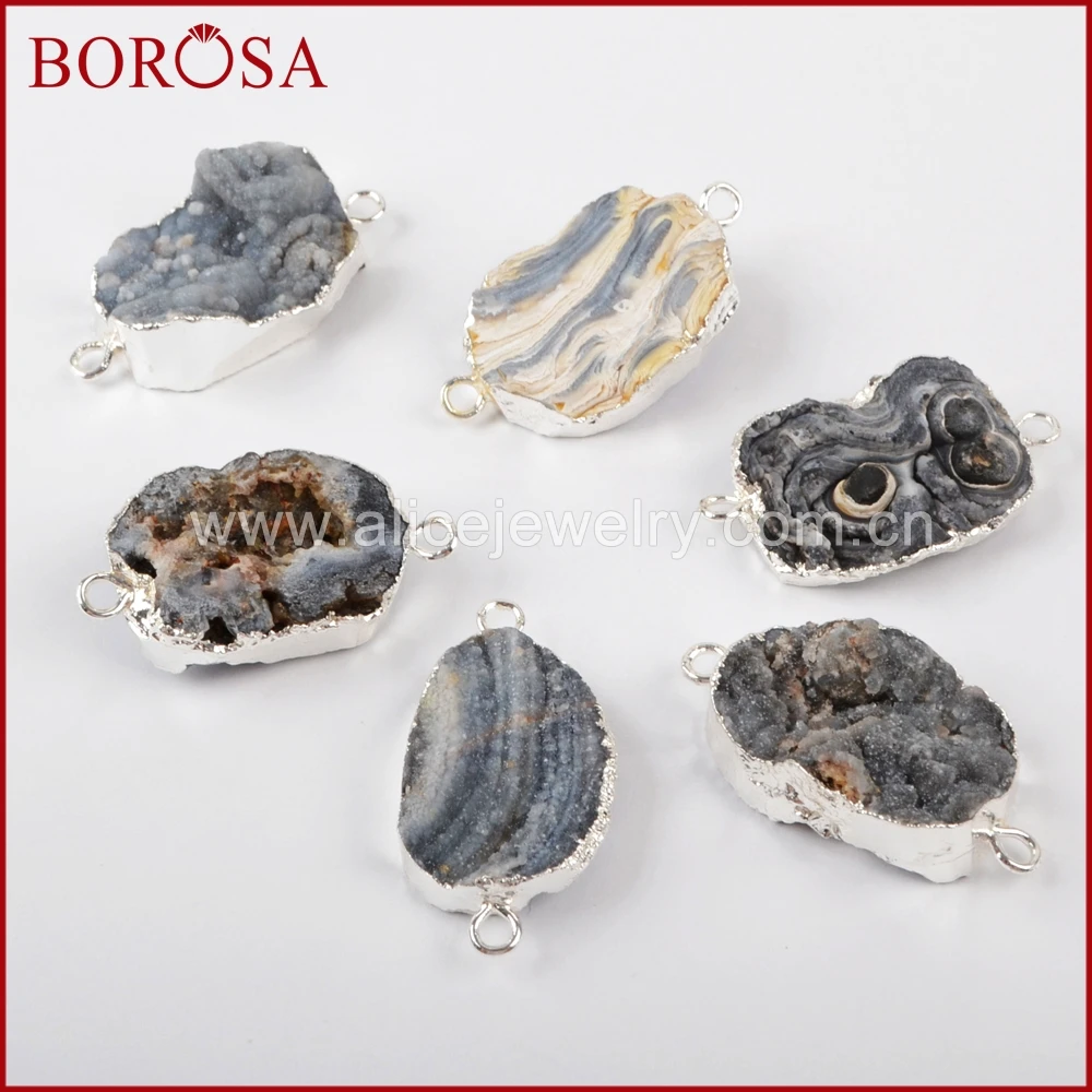

BOROSA 5pcs Silver Color Galaxy Quartz Titanium Natural Stone Connector Double Bails, Druzy Charm Connectors for Bracelet S1324