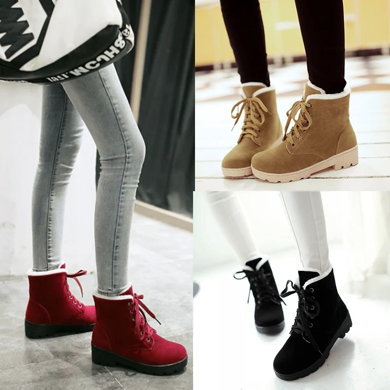 

Women's Ankle Platform Snow Boots Winter 2018 New lace-up Warm Fur casual Med Heels Shoes Woman bota feminina FW237