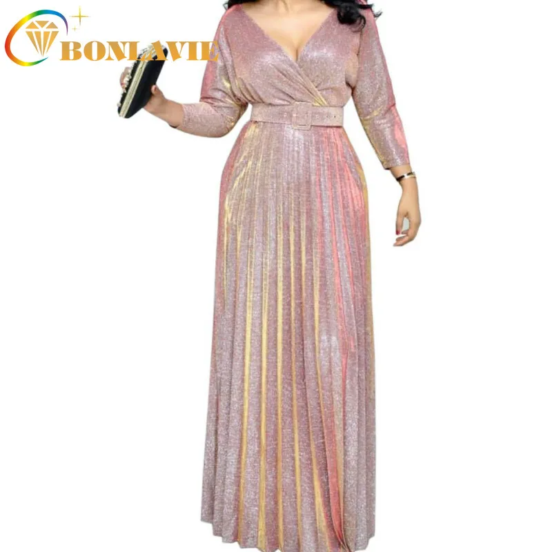 

Women Long Dress African Popular Colorful Spring Cloth Pleated Mid-sleeved Commuter Big-size Dress with Belt Ankle-Length Dress