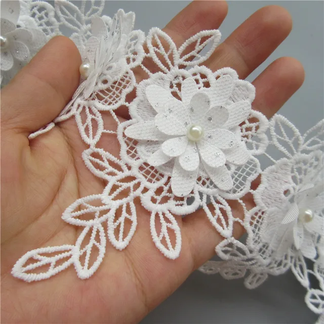 10/20X ホワイトコットンパール花葉刺繍レーストリムリボン生地