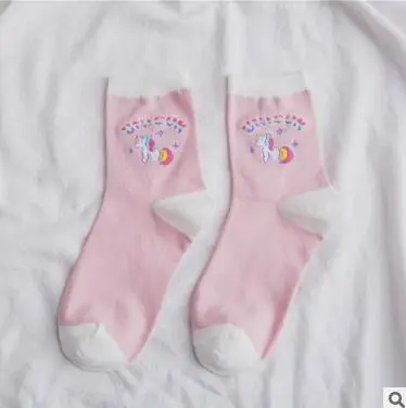 FOURETAW/1 пара; высокое качество; милые носки с единорогом; цвет розовый, синий, белый; японский стиль колледжа; женские носки для девочек; повседневные хлопковые носки - Цвет: B