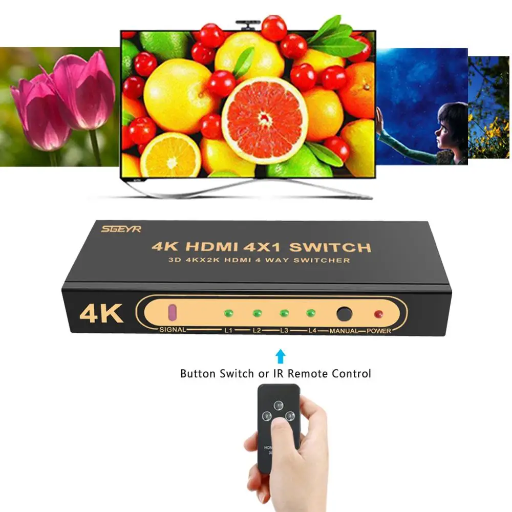 SGEYR 4x1 HDMI Switch 4Kx2K Powered 4 Port HDMI Switcher with IR Remote Control Support HDMI 1.43D&1080P 4 Input 1 Output