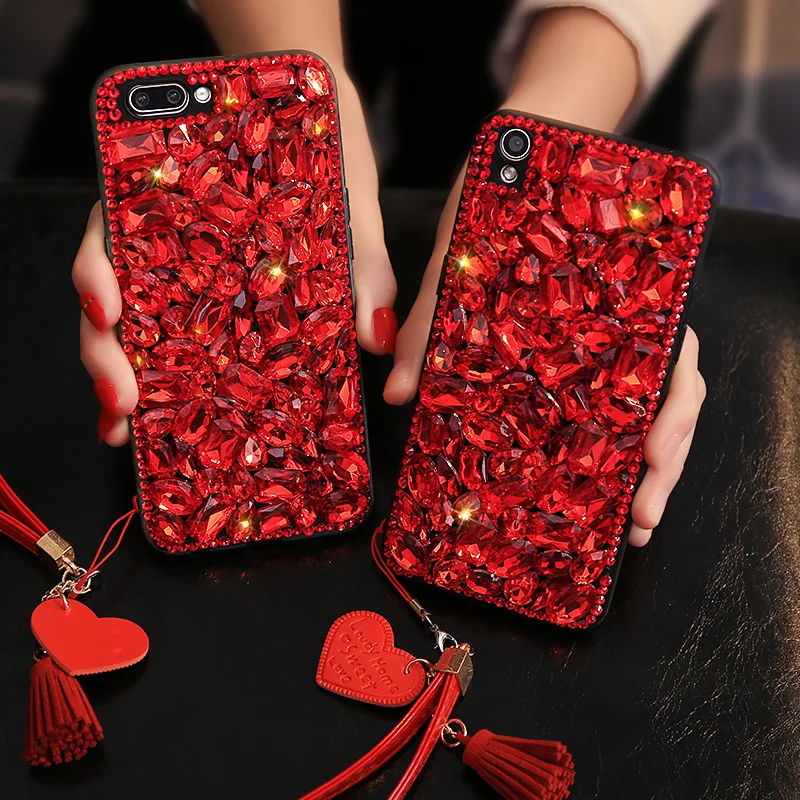 

Ruby Diamond Designer case for Samsung Galaxy S7 S8 S9 Plus Edge Note 8 9 Rhinestone Red Women Detachable Wrist Strap Coque