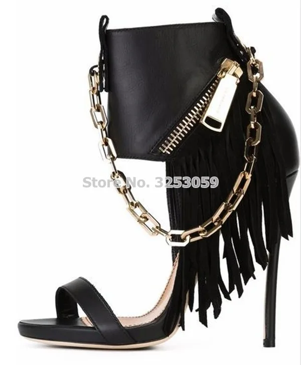 Women Stylish Black Fringe Dress Sandals Stiletto Heels Single Strap Chain Decorated Pumps High Top Zipper Tassel Gladiator Shoe women s stylish plunging neck lace bowknot decorated pleated babydolls