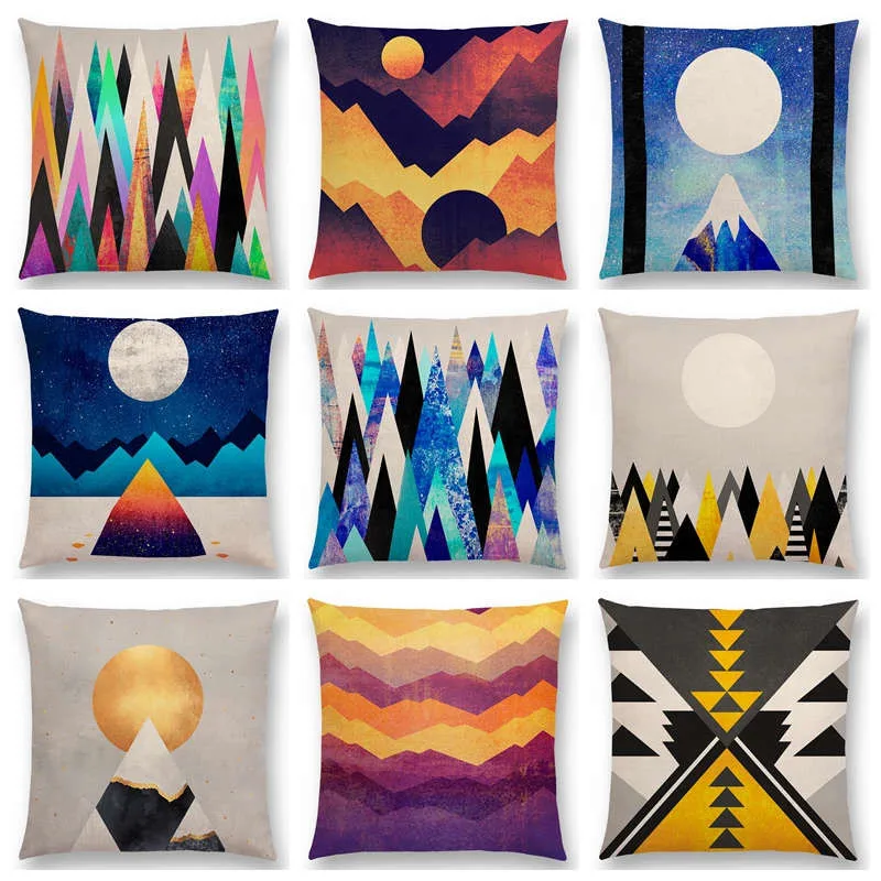 

Hot Sale Sun Moon Dreamy Peaks Colorful Mountains Surrealism Geometric Pattern Cushion Cover Sofa Throw Pillow Case