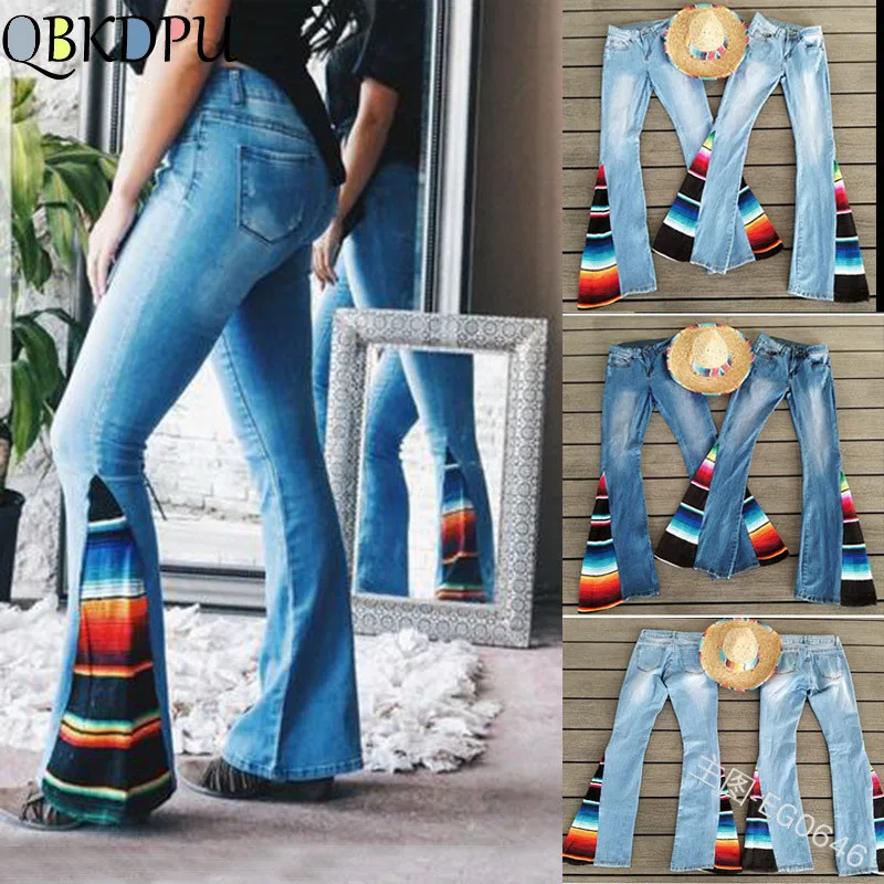 

Women Summer Splice Flared Thin Jeans High Waist Elegant Retro Style Bell Bottom Skinny Denim Pants Female Casual Wide Leg Jeans