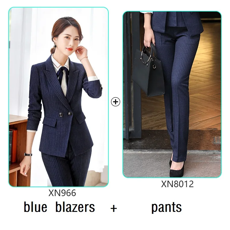blue blazers pants Женские костюмы, тонкие весенние блейзеры в полоску, брюки, комплект из 2 предметов, Деловые женские брючные костюмы, женские костюмы, 966 - Цвет: blue blazers pants
