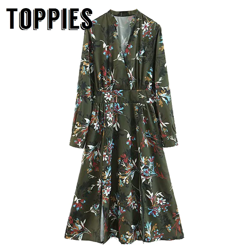 

Floral Printing Green Long Dress Vintage Long Sleeve V-Neck Shirt Dress 2019 Spring Women A-Line Vestidos