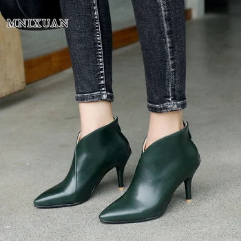 

MNIXUAN fashion shoes 2018 women shoes ankle boots autumn winter V-Neckline pointed toe sexy thin high heels zipper size42 black