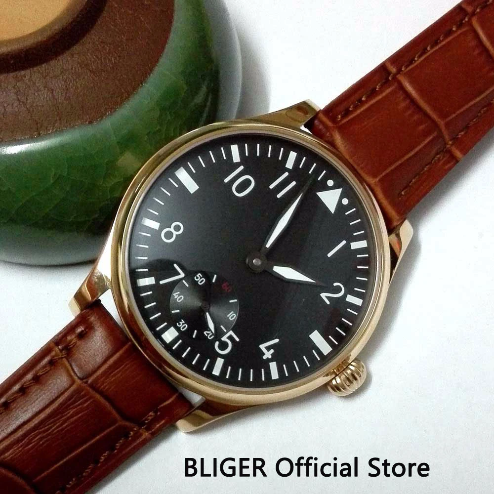 

Fashion 44MM Black Sterile Dial Brown Leather Strap 17 Jewels 6498 Hand Winding Movement Men's Watch P253