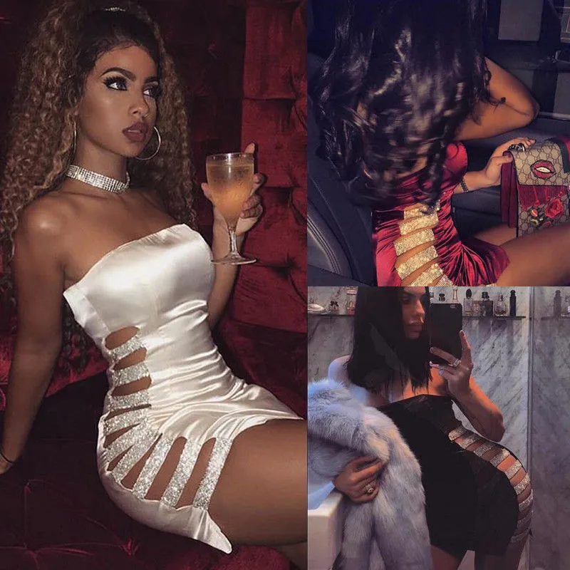 Сексуальное платье без бретелек Для женщин блесток Bodycon рукавов Клубная одежда