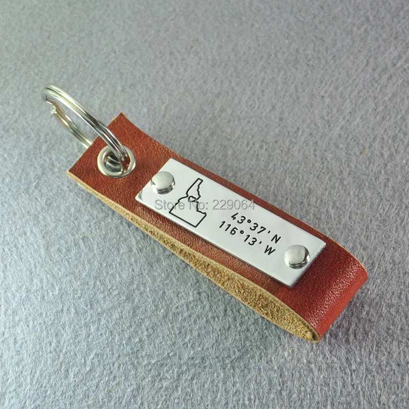 

Idaho leather key chain, custom longitude and latitude, Personalized map key chain, coordinate key chain, Men's jewelry
