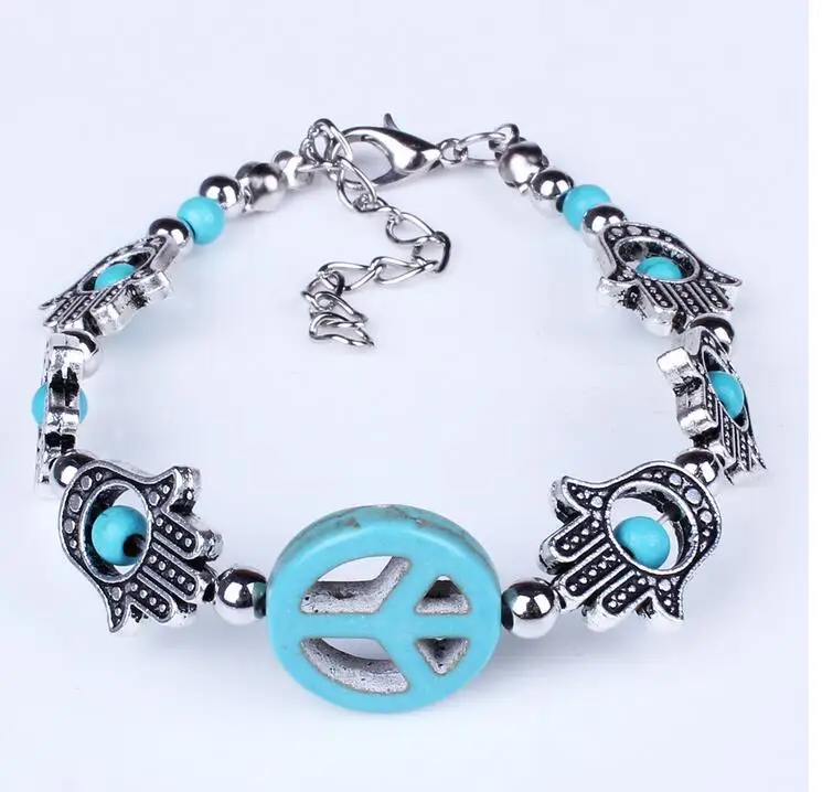 Peace Sign stone Fatima Hand Hamsa Bracelet Vintage Silver Charm