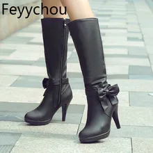 Женские ботинки г. Осенне-зимние теплые водонепроницаемые мартинсы до колена на очень высоком каблуке, из Pu искусственной кожи, на молнии, пикантные новые модные черные, белые, розовые, синие