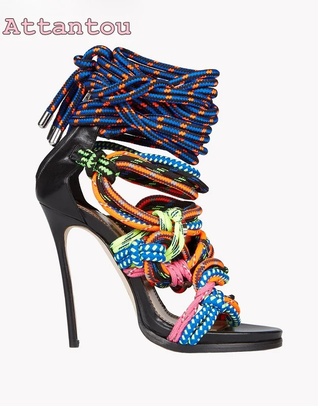 

European contrast color color matching braided rope boots ladies hollow-out high heel shoes lace up stiletto heel sandal boots
