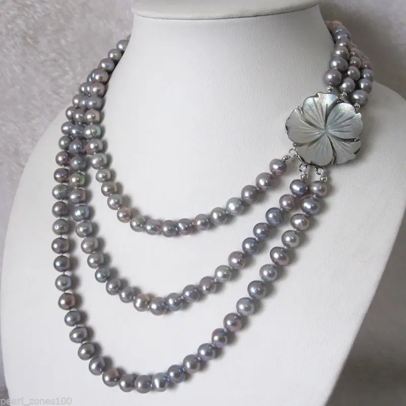 

N1524 3Row Gray Freshwater Pearl Necklace Fashion Jewelry Wholesale 8-9mm N Discount NEW