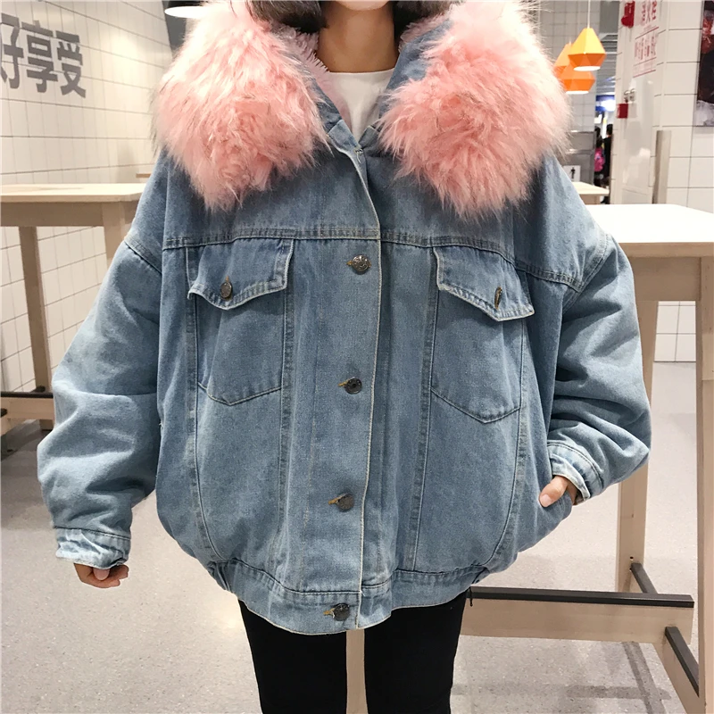 Blue Survêtement De Poitrine Mode Casual Fourrure Denim Velours Col Zx797 Femmes Confortable Épais Unique Lâche Femelle Plus Hiver Manteaux UqEHvSwnBH