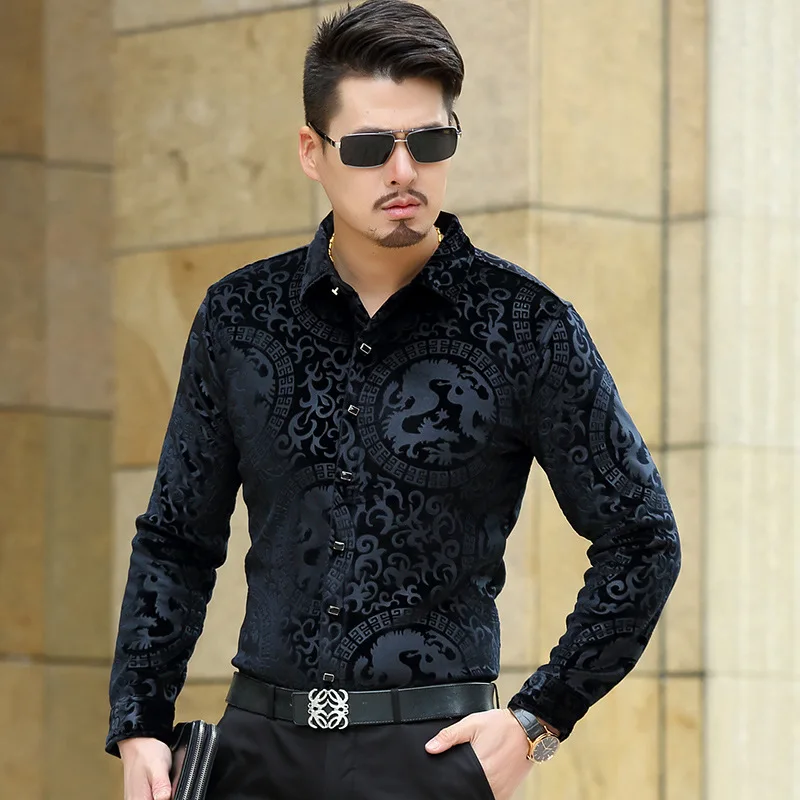 

Chinese style dragon pattern print fashion luxury long sleeve shirt Spring 2019 quality velvet soft comfortable men shirt M-XXXL