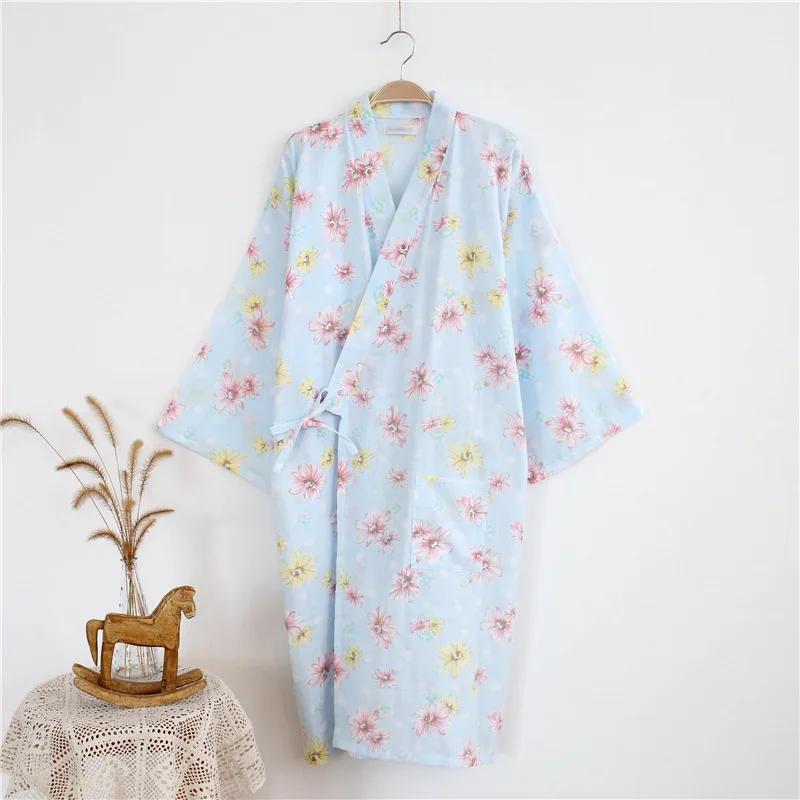Летний тонкий стиль, хлопок, марлевые халаты, вязаные женские халаты, одежда для сна размера плюс, кимоно, ночной халат, длинный халат - Цвет: Blue daisy flower