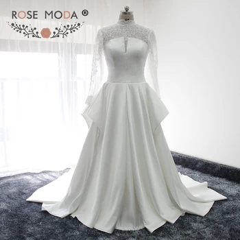 

Rose Moda High Neck Long Sleeves Wedding Dress 2018 Backless Wedding Dresses for Muslim Real Photos