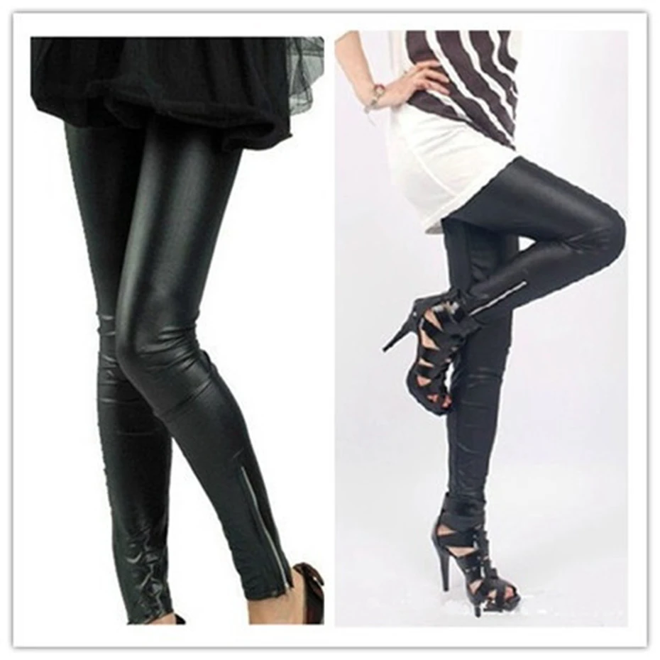 

Black Korean women's fashion leather leggings zipper