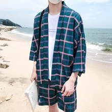 Plaid Printed Kimono Jacket Men Summer Beach Sun Proof Men's Jacket Three Quater Sleeve Thin Jackets Plaid Printed Kimono Jacket Men Summer Beach Sun Proof Men's Jacket Three Quater Sleeve Thin Jackets