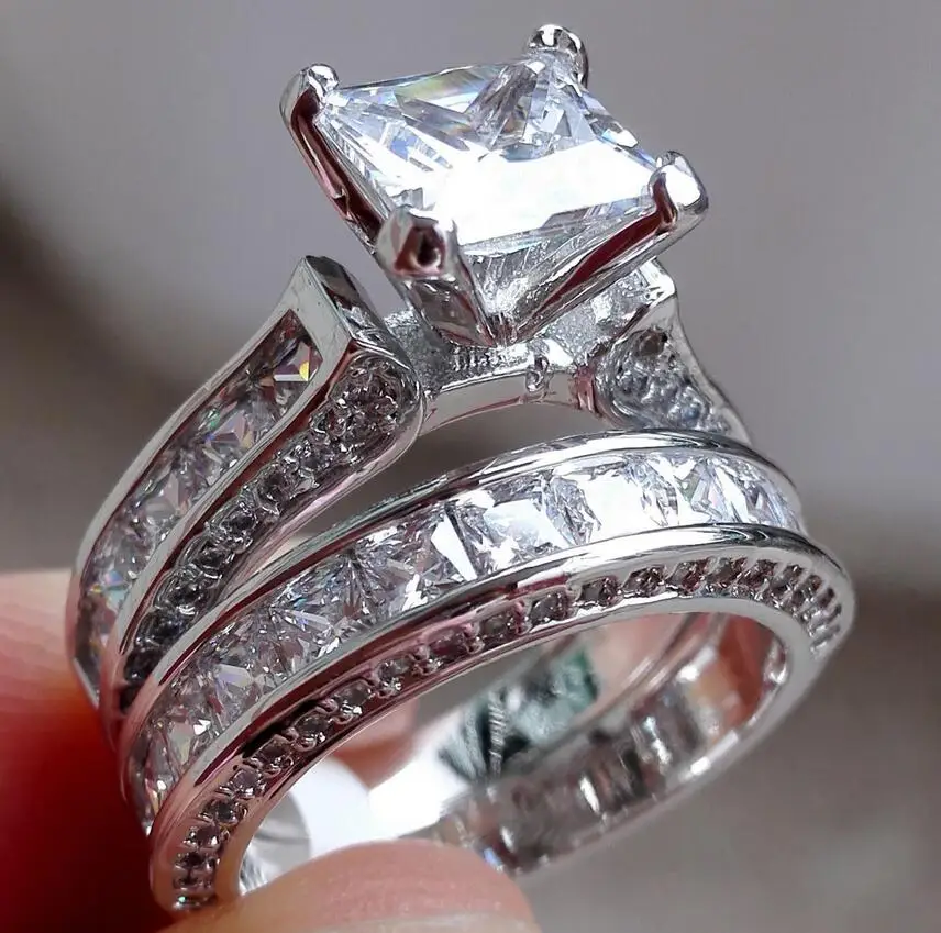 Couple Rings For Lover Luxury Jewelry 925 Sterling Silver Princess Cut 5A White Clear Zirconia CZ Enternity Wedding Bridal Ring
