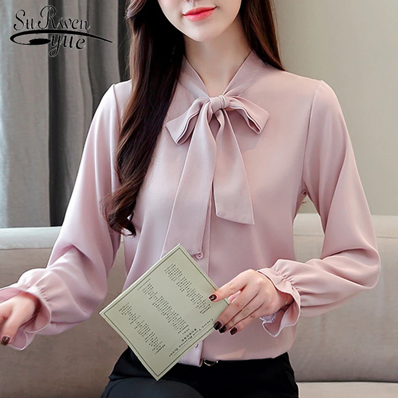 

Fashion womens top and blouses 2019 long sleeve chiffon blouse shirt solid bow collar office blouse women shirts clothes 1544 45