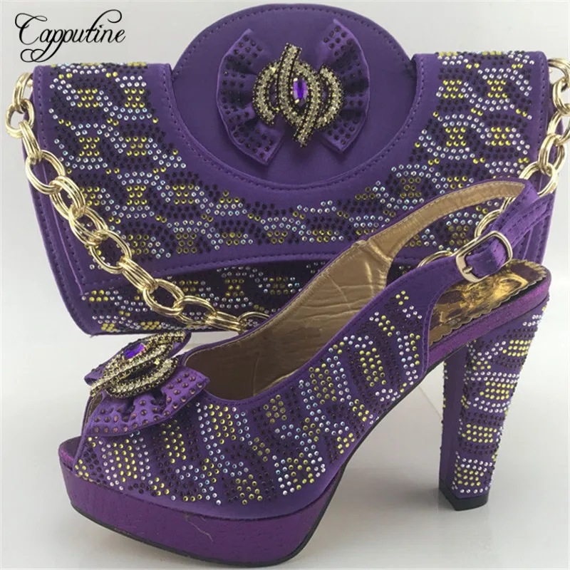 

Capputine Hot Sale African Rhinestones Purple Color Shoes And Bag Set Italian Shoes With Matching Bags And Party Shoes ME7715