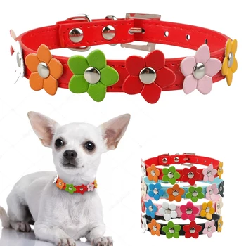 

Cute Flower Small Dog Collar Sun Flower Studded Leather Dog Collars Pet Dog Accessories for Small Puppy Pink Red Blur Black