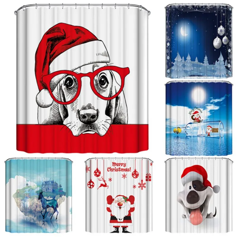 180x180CM Waterproof Bathroom Fabric Shower Curtain Christmas Snowman Santa USA