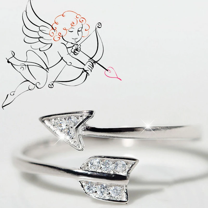 Qevila plate 925 Silver Cupid Love Ring Arrow Crystal Rings for Women Men Open Engagement Party Ring Arrow Jewelry Romantic Ring (2)