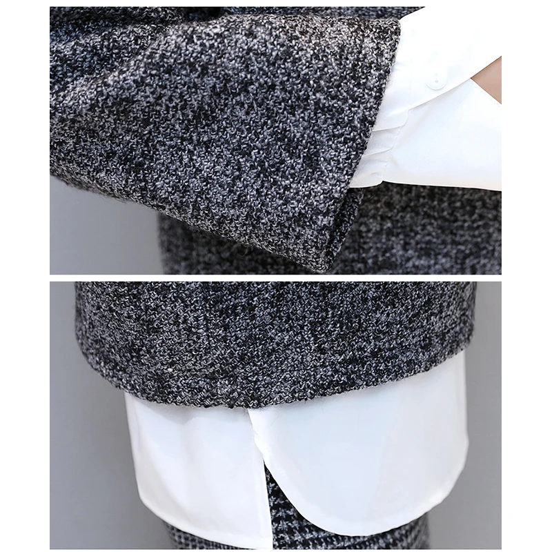 Fashion Houndstooth 3 Pieces Women Suit Sets Wide Leg Pants+Blouse+Coats Autumn Wollen Pullover Coats 2018 New RH232