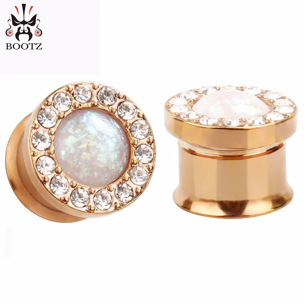 

2017 Fashion Pair selling jewelry piercing body stainless steel rose gold ear plugs tunnels fake opal logo 2pcs lot