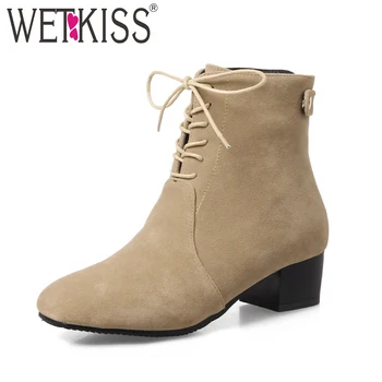 

WETKISS Autumn 2018 New Woman Ankle Boots Flock Short Plush Shoelaces Footwear Winter Fashion Boots Square Toe Female Shoes