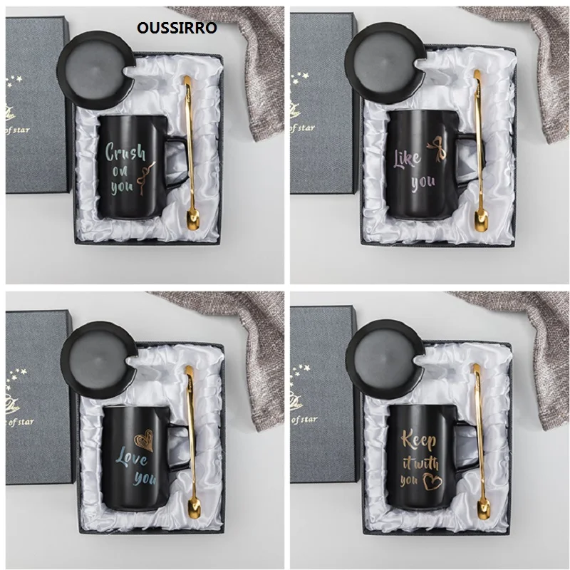 

OUSSIRRO Creative ceramics With lid and spoon Gift Box Coffee Mug lover Tea Milk Cup Creative Wedding Anniversary Gift