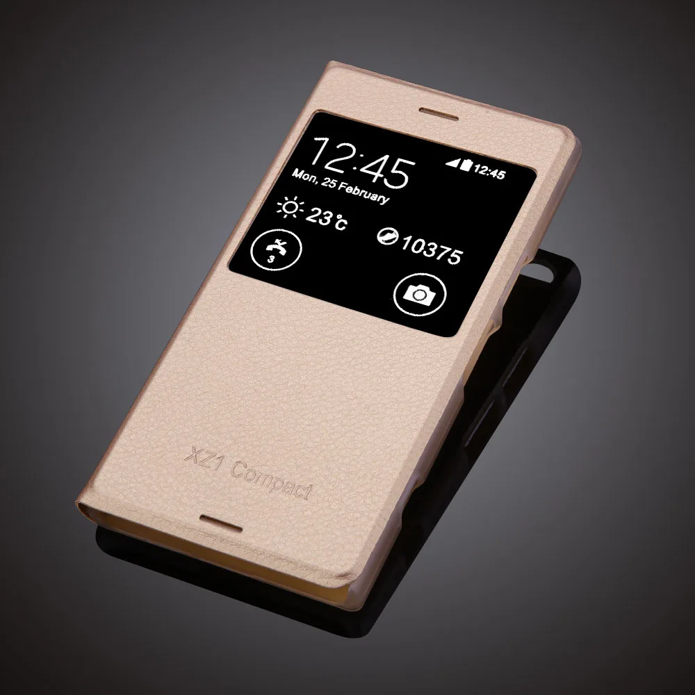 Для sony Xperia XZ1 Compact чехол 4," Обложка на заднюю панель из искусственной кожи чехол для телефона для Xperia XZ1 Compact флип-чехол с окошком - Цвет: Золотой