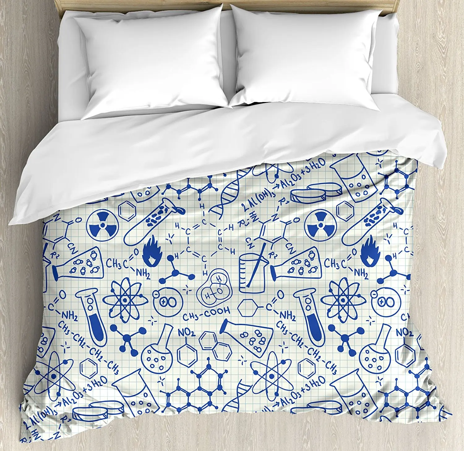 

Kids Decor Duvet Cover Set Science Chemistry Geometry Math Nerd Geek Themed Design Artwork Bedding Set Navy Blue White