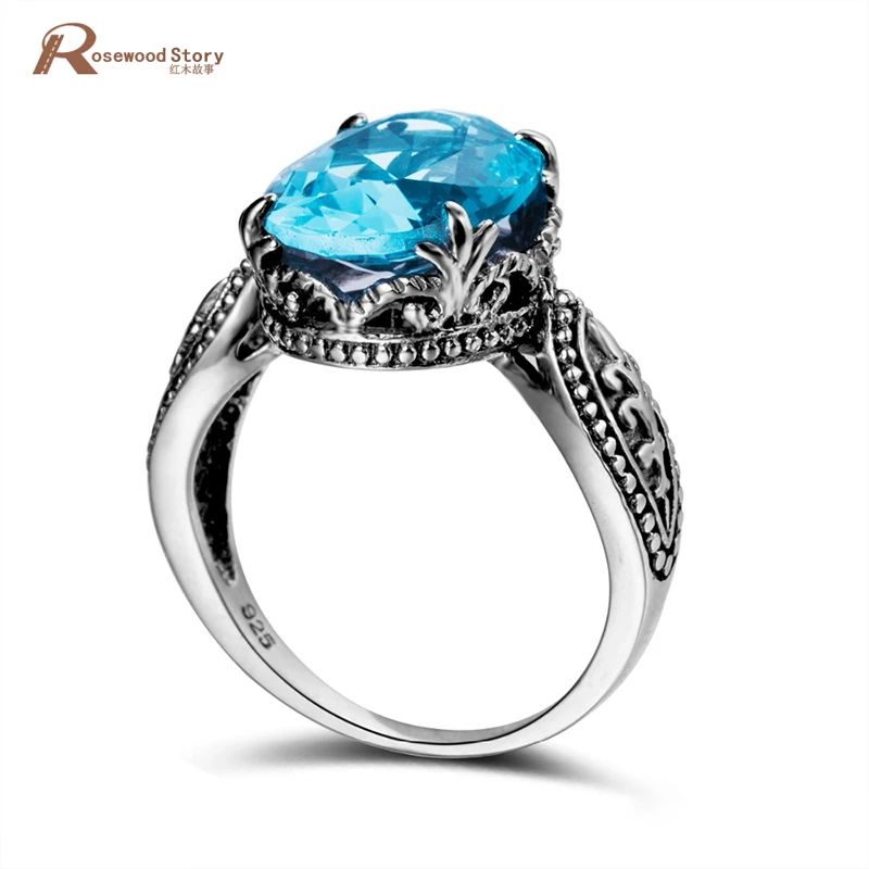 

Bulgaria Moonlight Big Blue Stone Rings For Women Unique Punk Rock Real 925 Sterling Silver Engagement Ring Vintage Jewelry