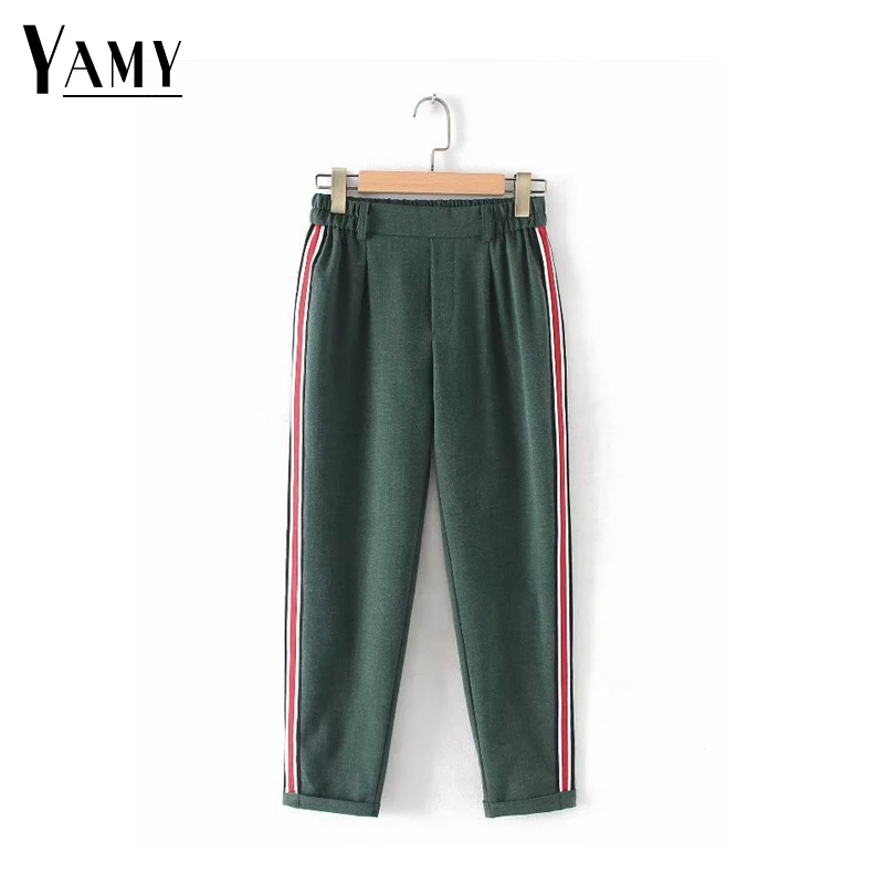 Сбоку штаны в полоску с эластичной талией цвета: зеленый, черный штаны для девочек женские Осень Повседневная Уличная одежда модные брюки
