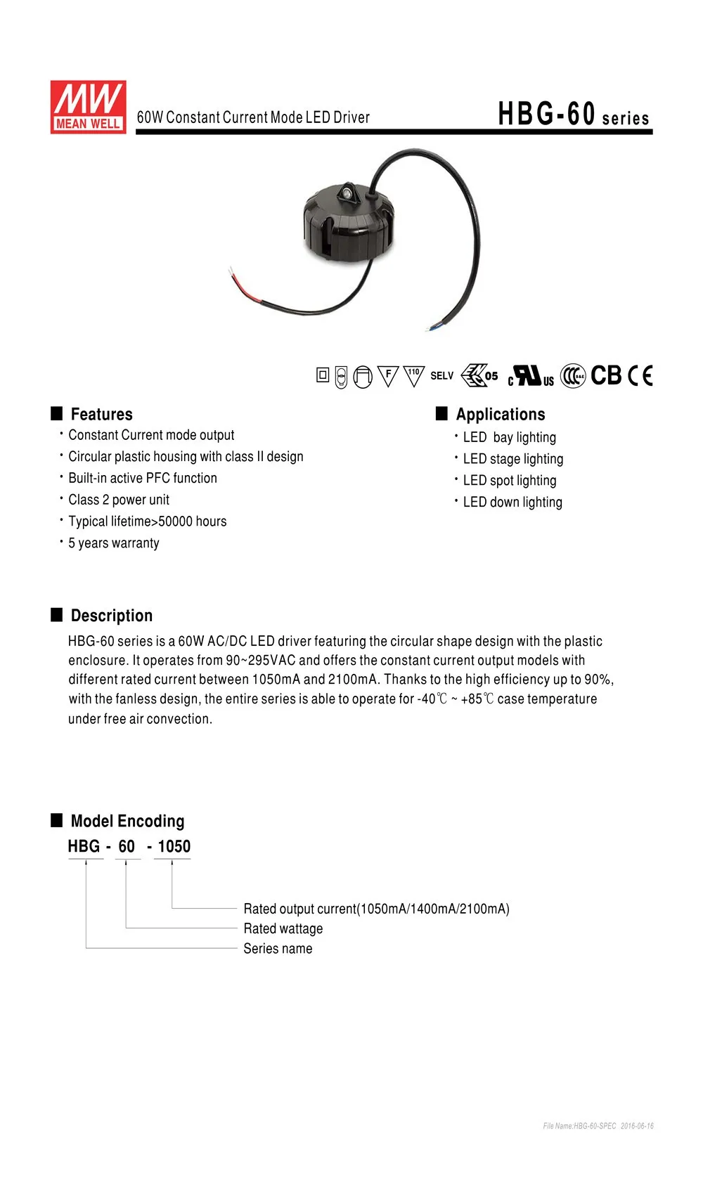 Meanwell HBG-60-1400 импульсный источник питания светодиодный драйвер постоянного тока один выход 60 Вт 1400mA для cree cxb3590