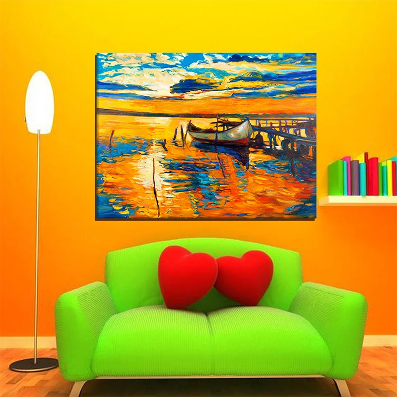 

high quality hand painted Modern boat harbor int he Sunset Oil Paintings Wall Art Canvas artwork Gift painting home Decoration